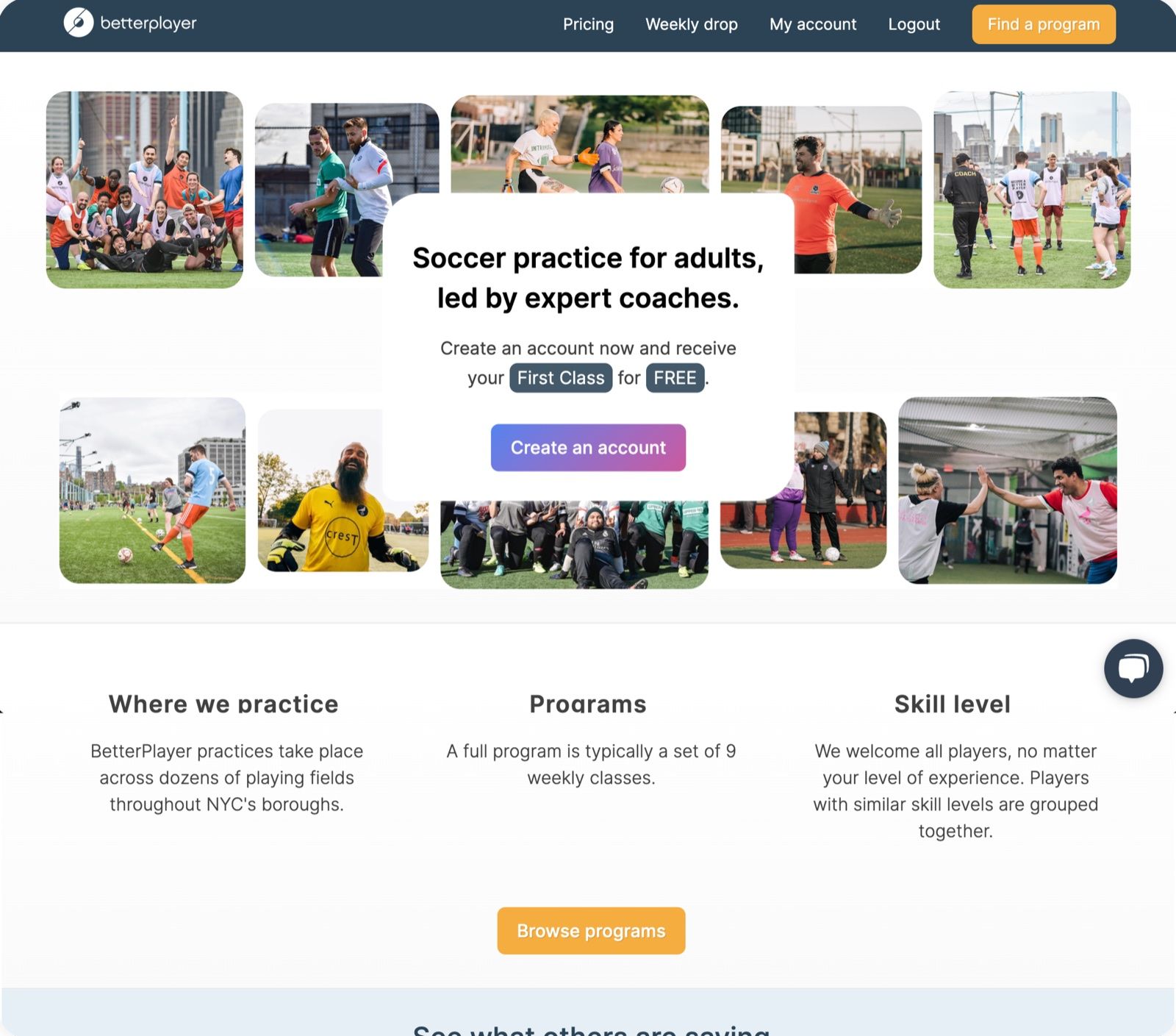 Before: the old landing page, a photo collage with one line, then where, programs and skill level