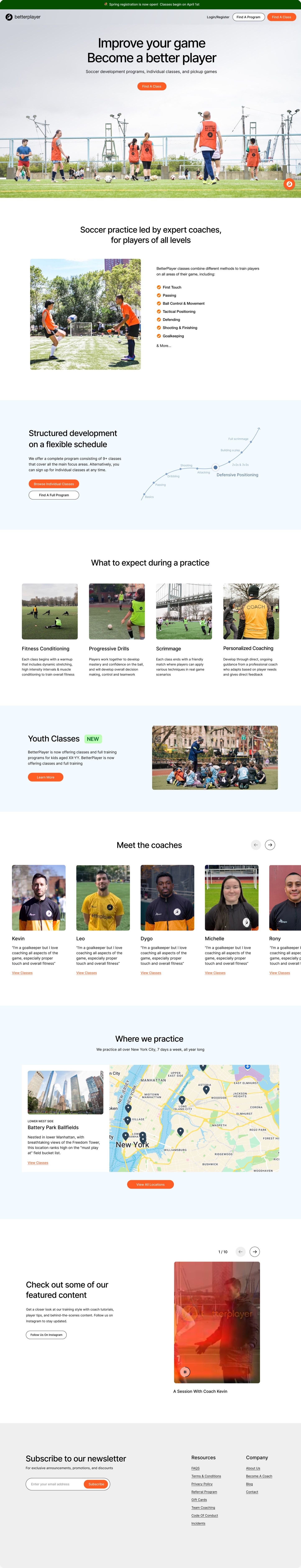 The final landing page: hero, what a class covers, programs and pricing, coaches, locations, what to expect, videos and reviews