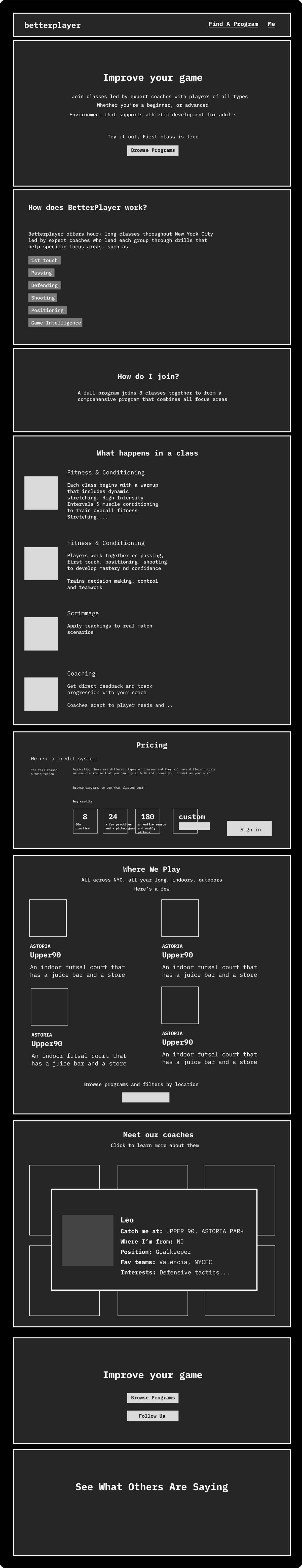 The low-fidelity concept: each proposed section of the page in order, with its message