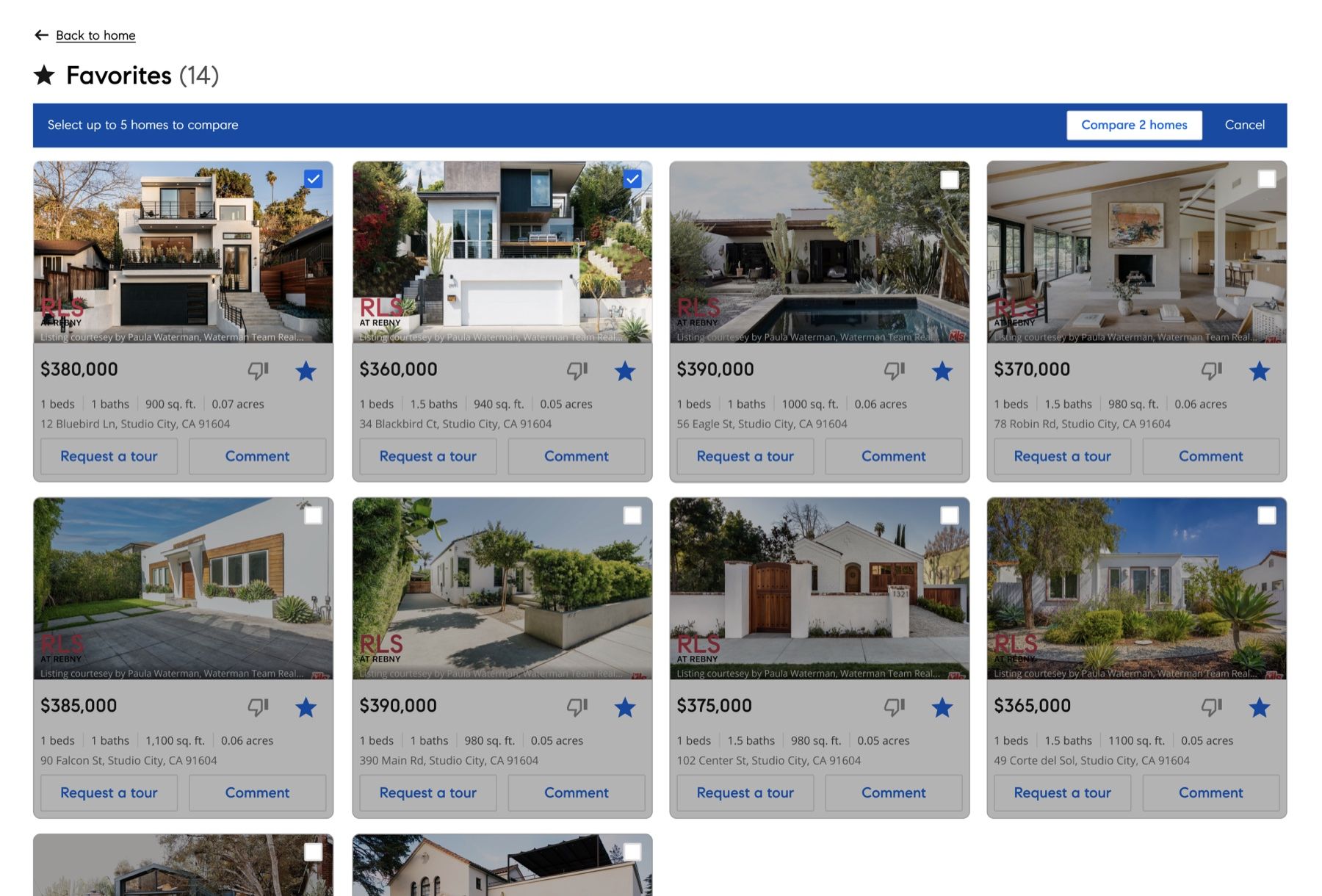The web collections page, with several saved homes selected and a universal action bar