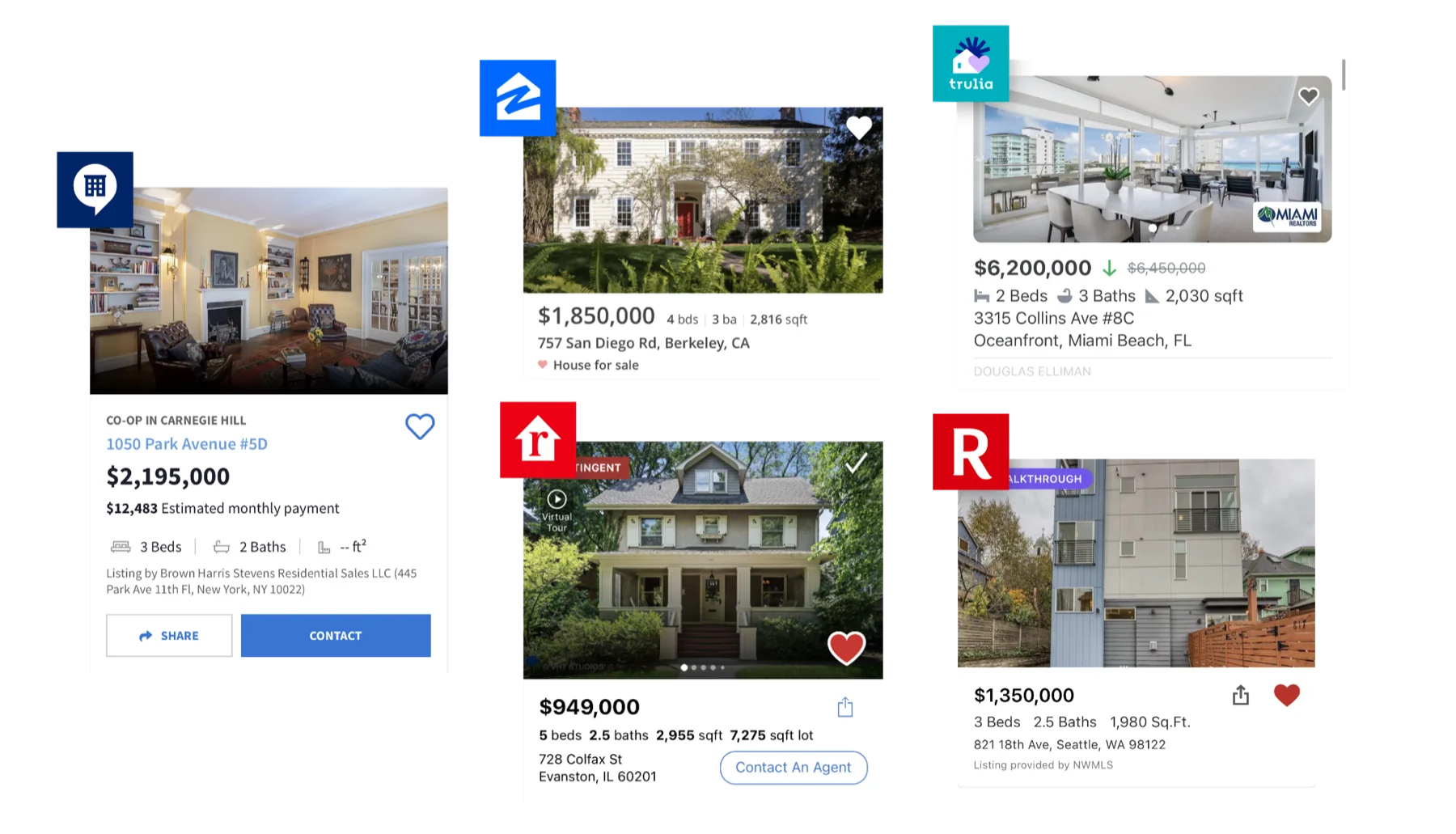 Compass's listing card on iOS beside cards from top competitors