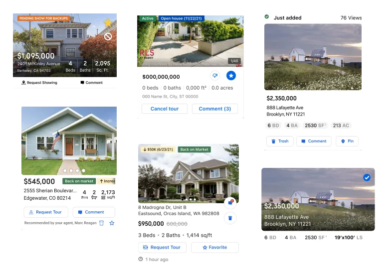 Six versions of the listing card explored during testing