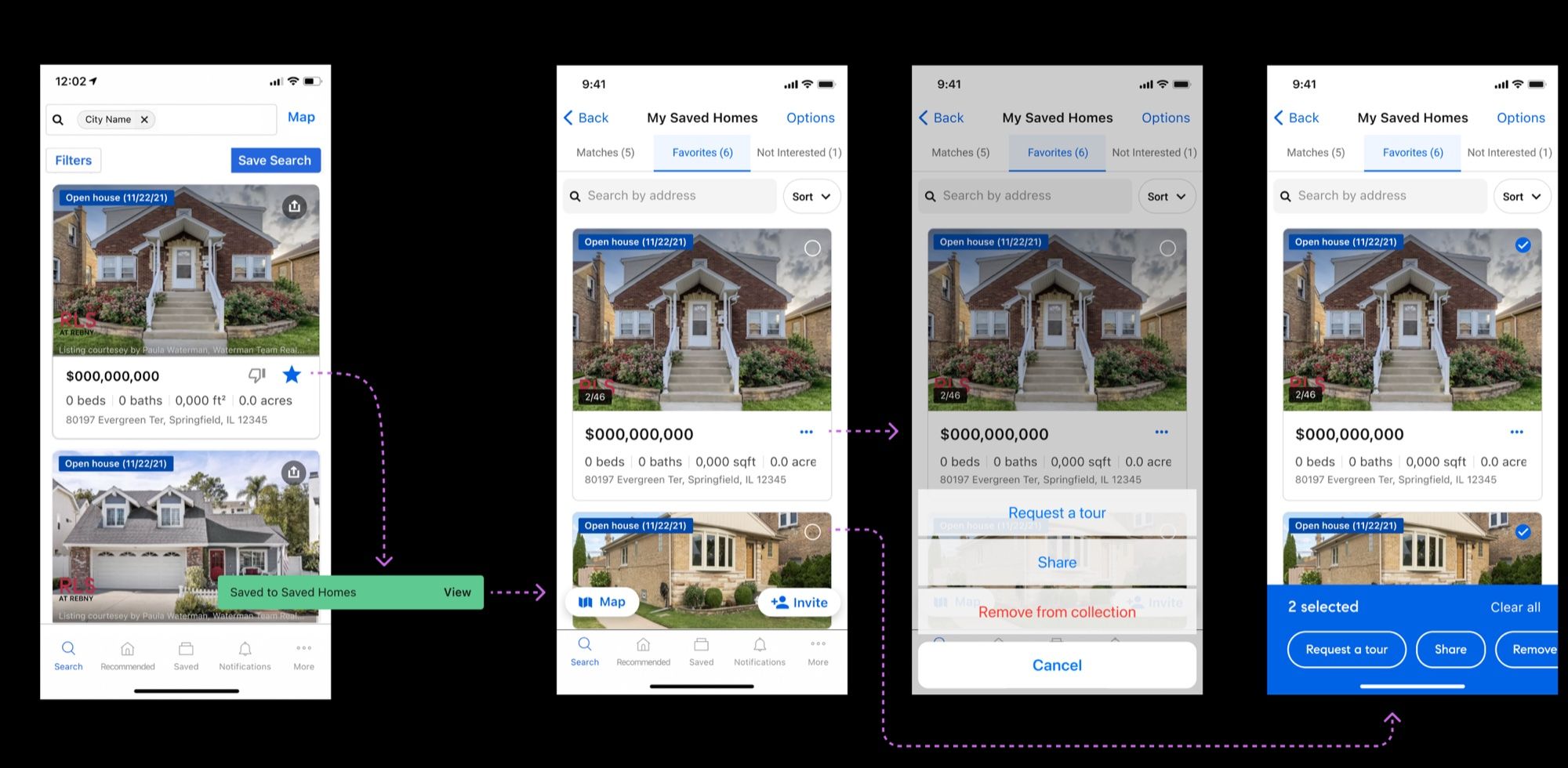 iOS flow: liking a home in search saves it to Saved Homes, where a menu and bulk selection request tours, share or remove homes
