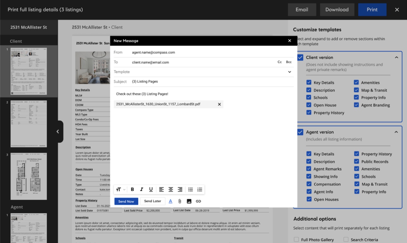Emailing the template from Compass's built-in messaging