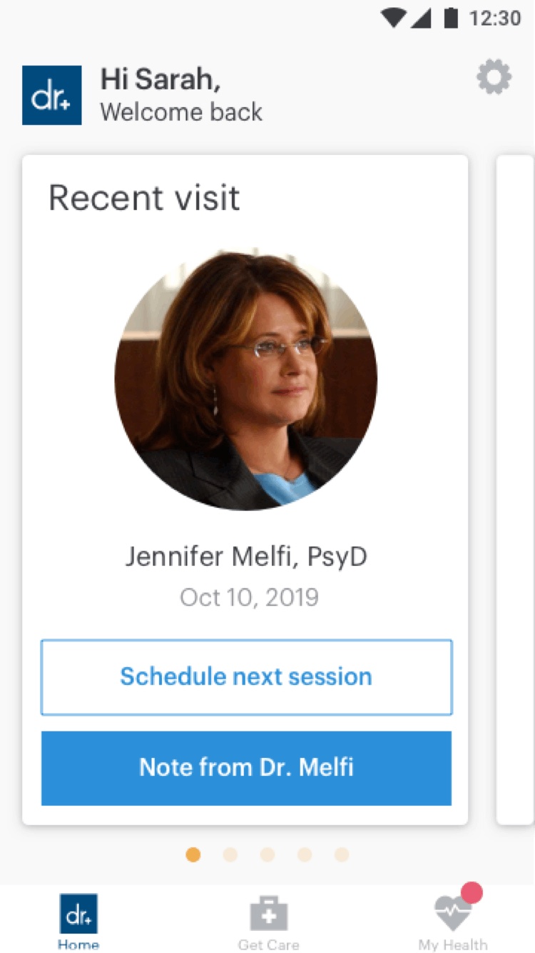 The home screen, with the provider's prompt to schedule the next session