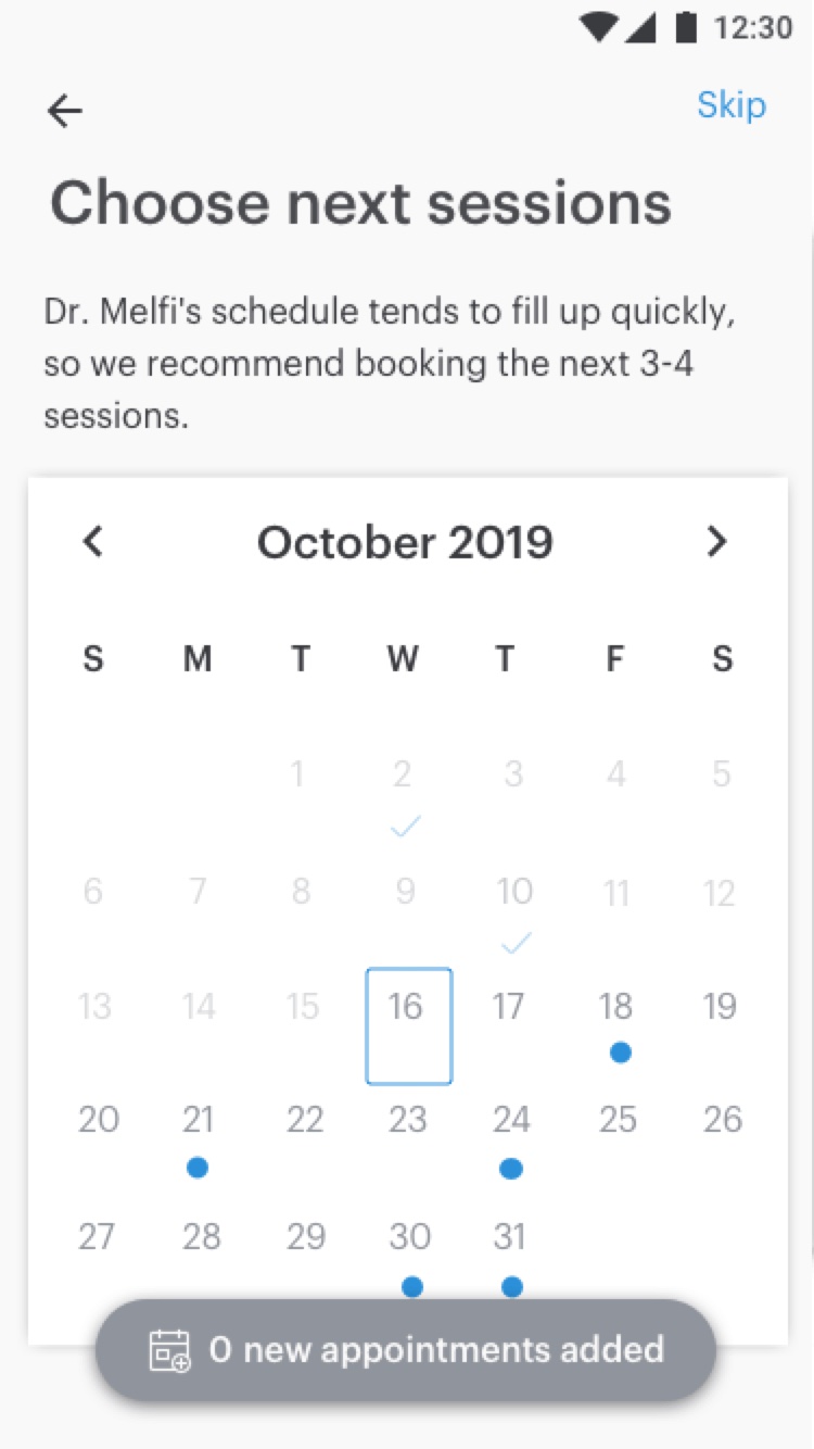 Choosing next sessions: open days marked with dots
