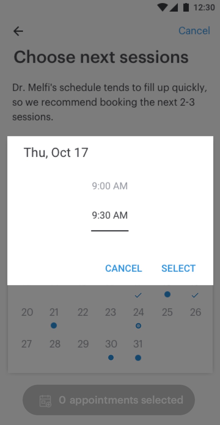 The time picker for Thursday, October 17