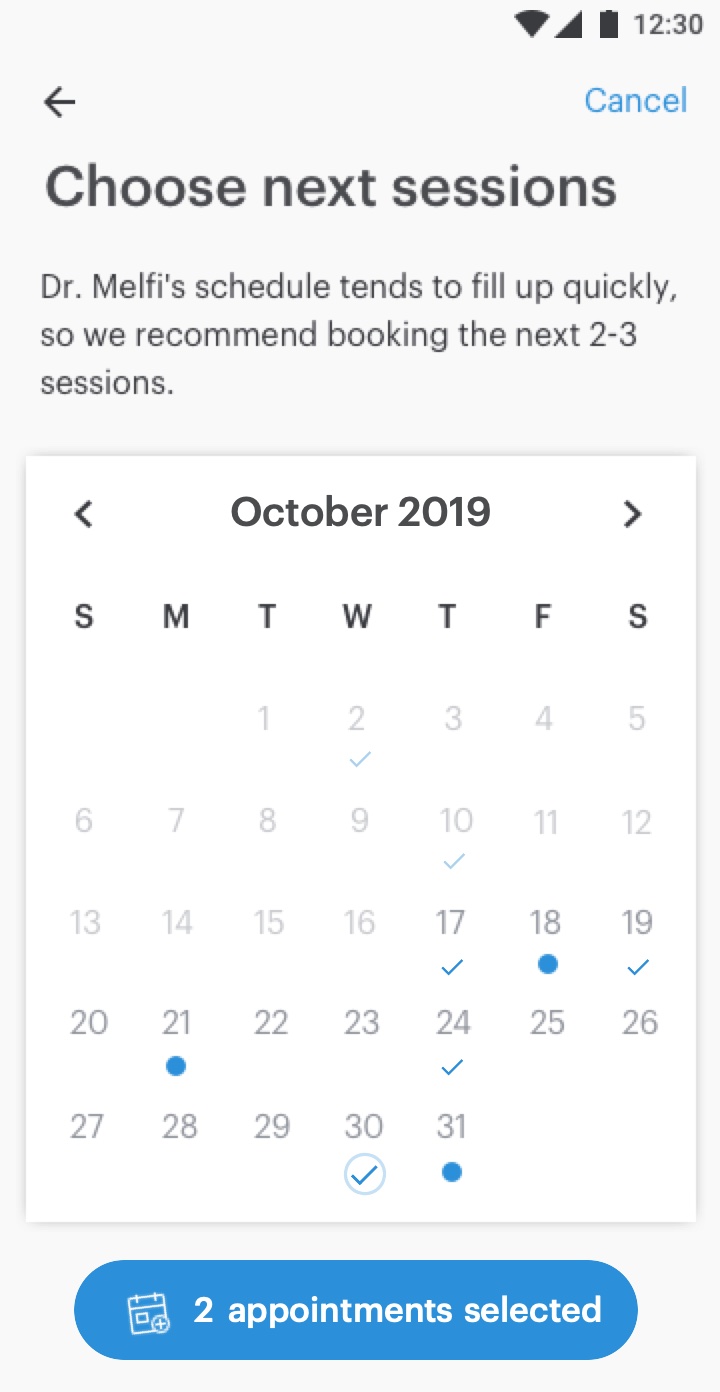 The calendar with two sessions chosen and the button showing 2 appointments selected