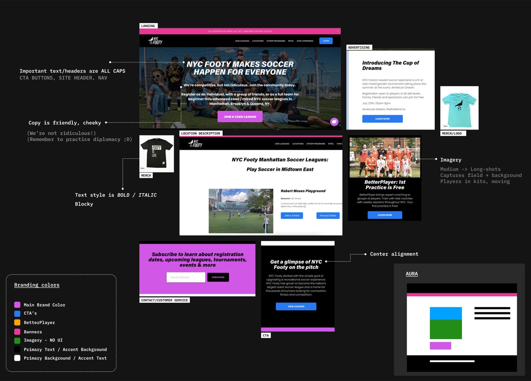 An audit of the NYC Footy brand across its website, ads, merch and emails, with notes on type, copy, imagery and colors