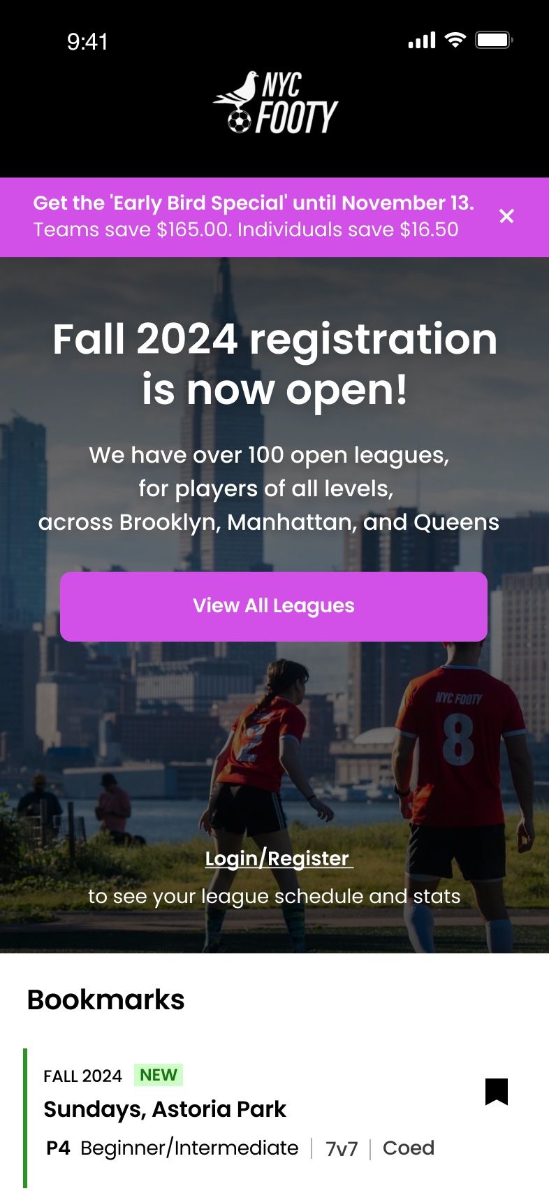 The signed-out home with bookmarked leagues below