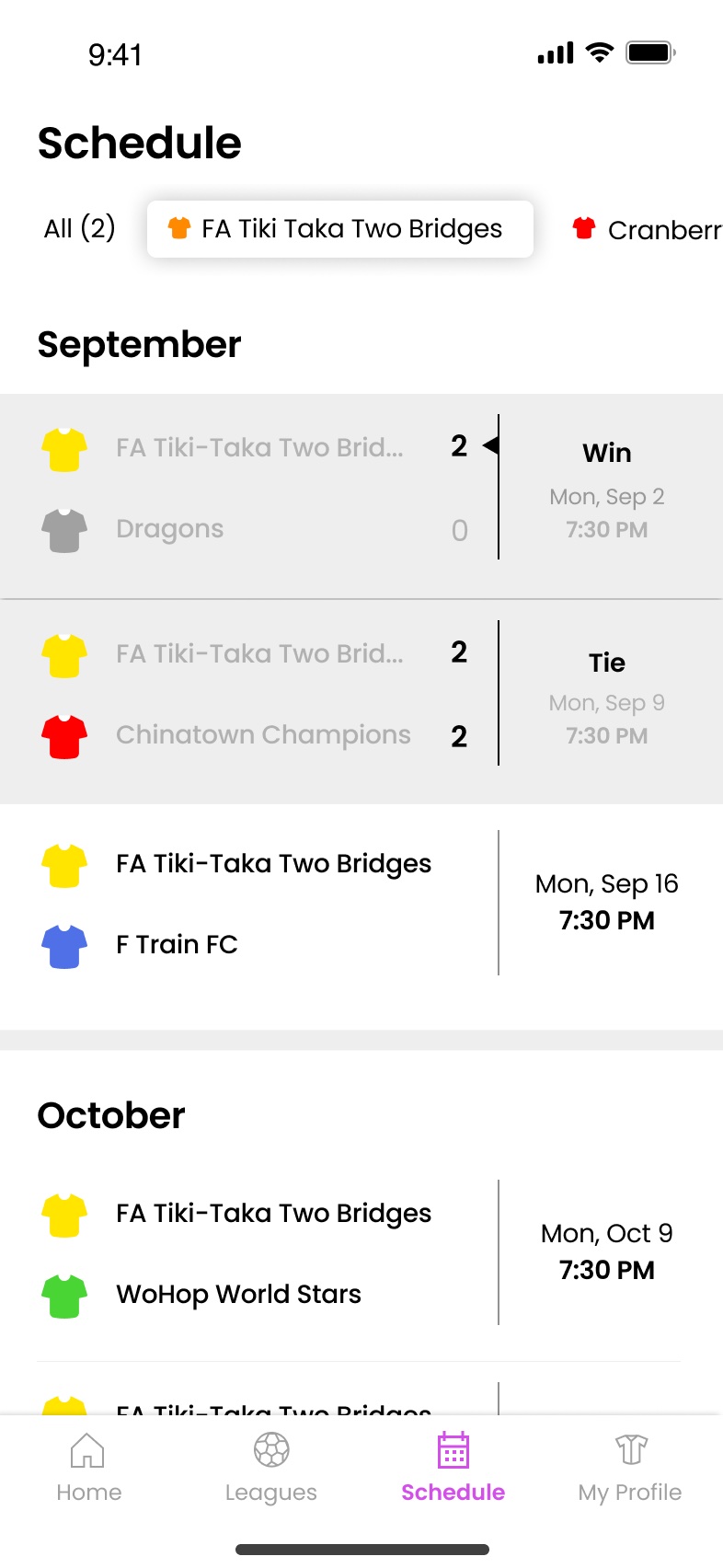 The schedule across two leagues, with results