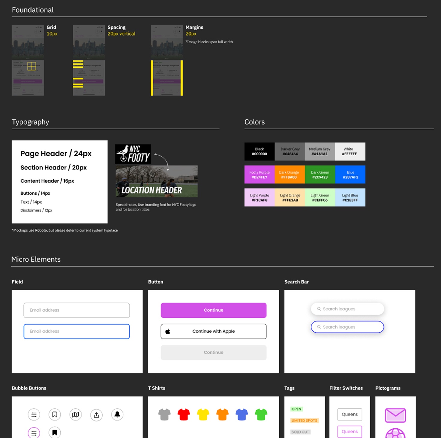 The design system: grid, spacing and margins, typography, colors, and components from fields and buttons to T-shirts, tags and pictograms