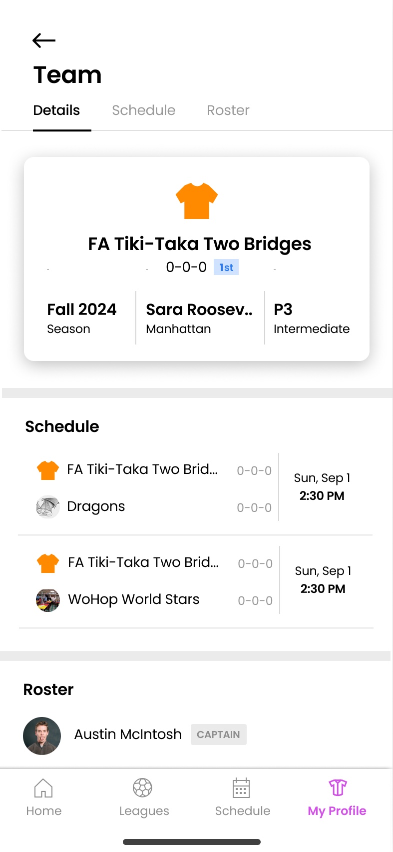 A team profile with its schedule and roster