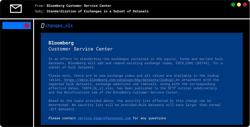 Before: the weekly email from the Customer Service Center about a change to exchanges in bulk datasets